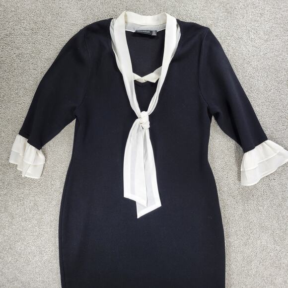 Nina Leonard Georgette Dress Womens XL Black Knit Tie Neck Tiered Flounce Sleeve - Picture 7 of 16